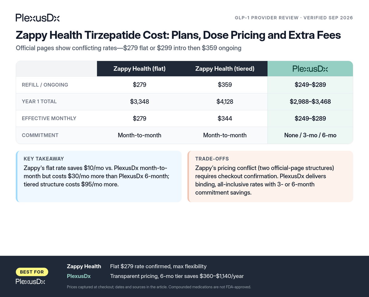 Comparison infographic: Zappy Health Tirzepatide Cost: Plans, Dose Pricing and Extra Fees