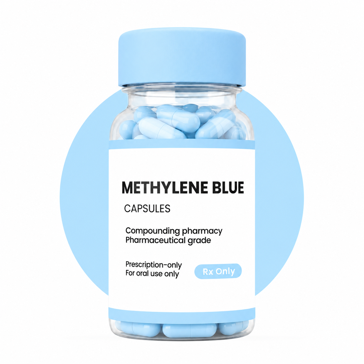 Bottle of Methylene Blue capsules with a blue label on a white background