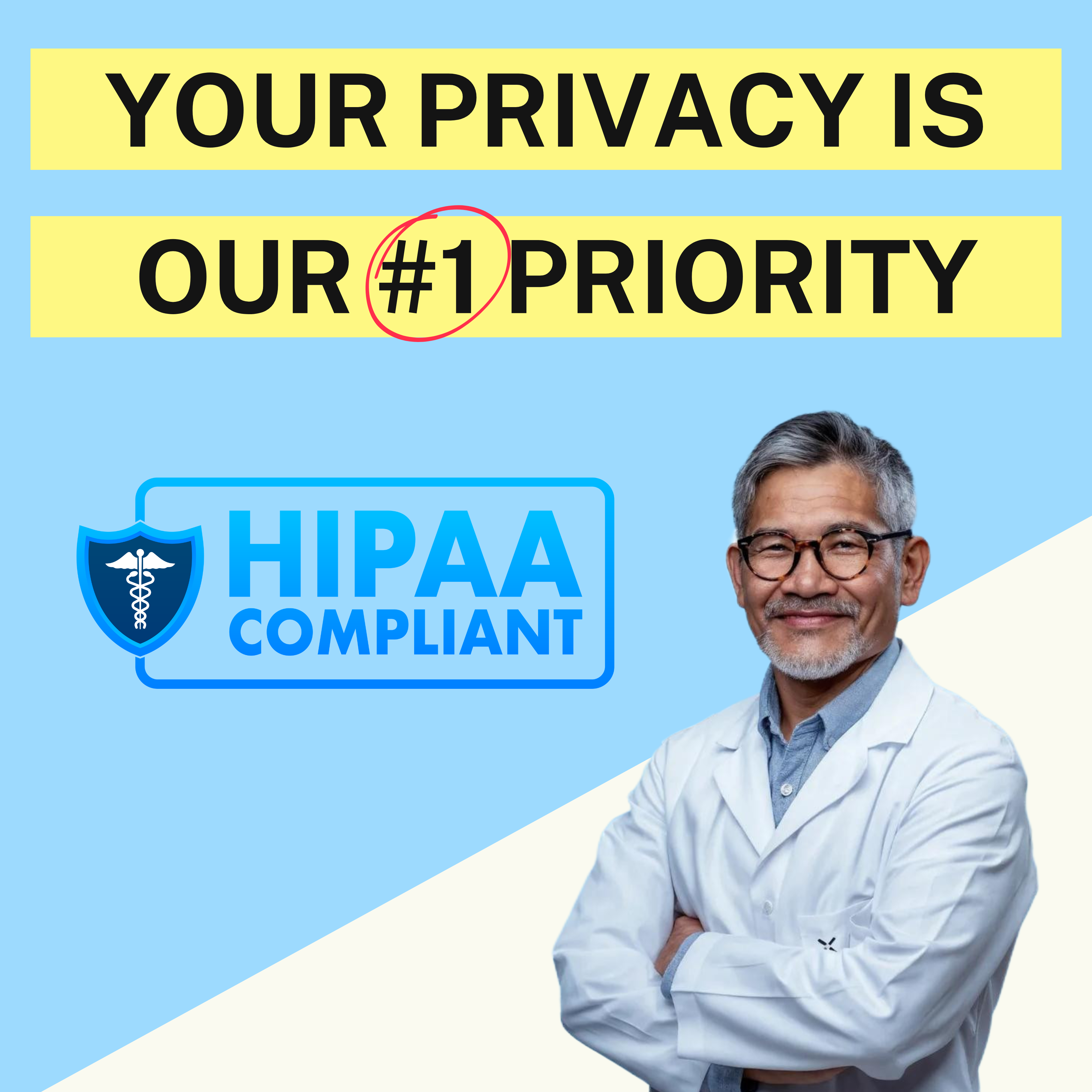 Person in a white coat with HIPAA compliant text and logo on a blue and yellow background