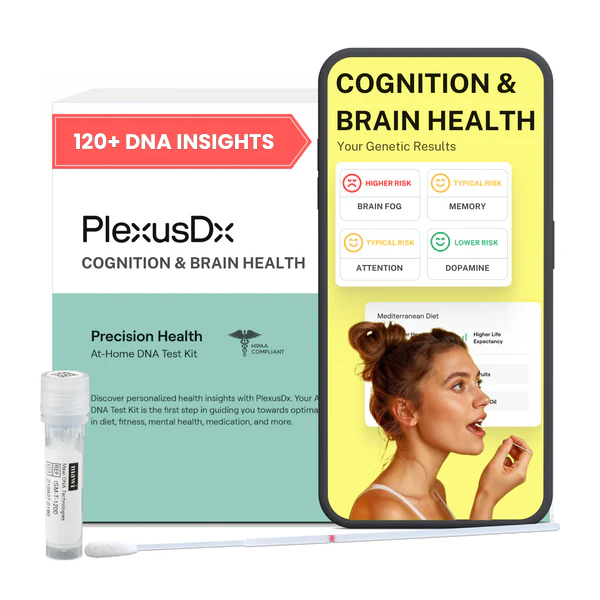 PlexusDx Cognition & Brain Health DNA test kit with smartphone displaying 125+ personalized genetic insights for focus, memory, and brain health