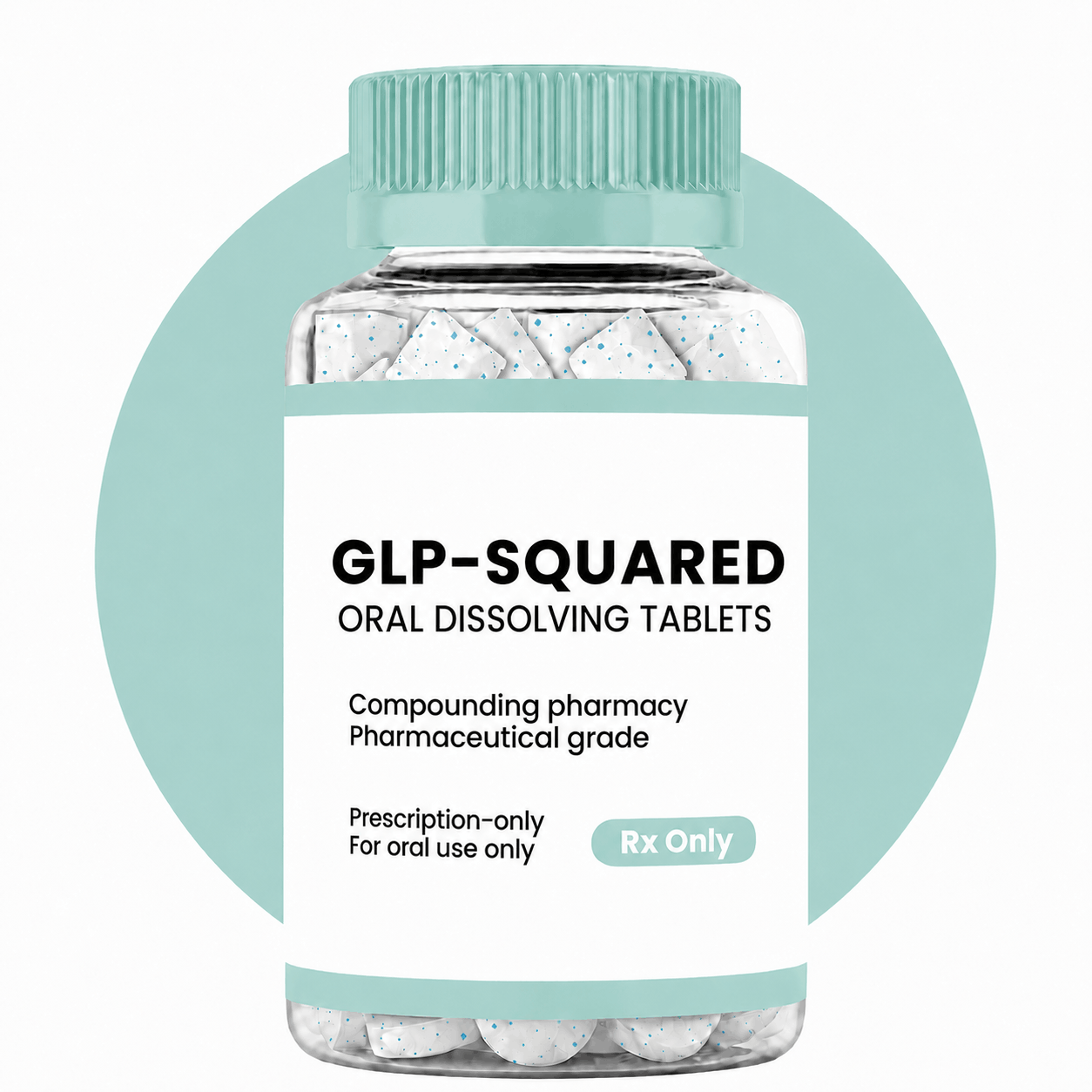 Bottle of GLP-Squared oral dissolving tablets with a clear container and green cap on a white background.