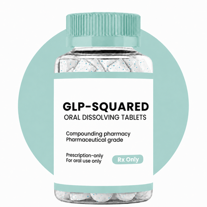 Bottle of GLP-Squared oral dissolving tablets with a clear container and green cap on a white background.