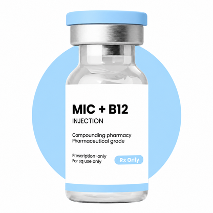 Vial labeled 'MIC + B12 Injection' with a blue circle in the background