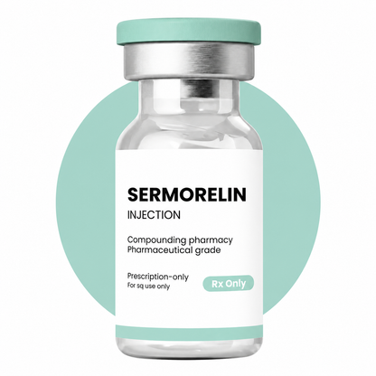 Sermorelin injection vial with a green circle in the background