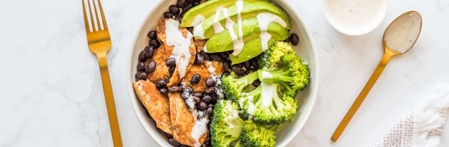 Chicken, broccoli, black beans and avocado with ranch dressing
