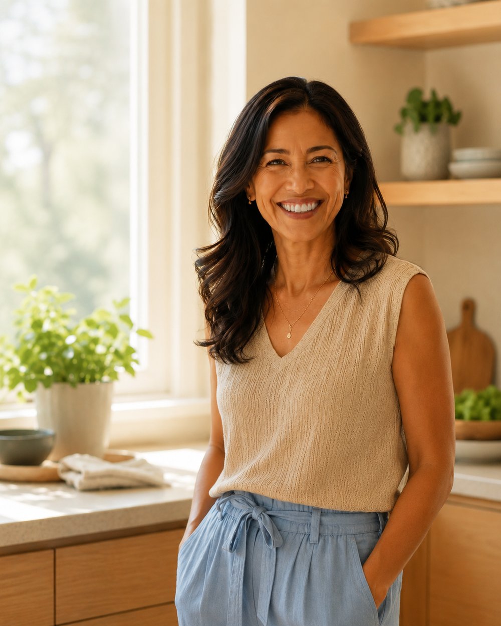 Smiling woman in a bright kitchen