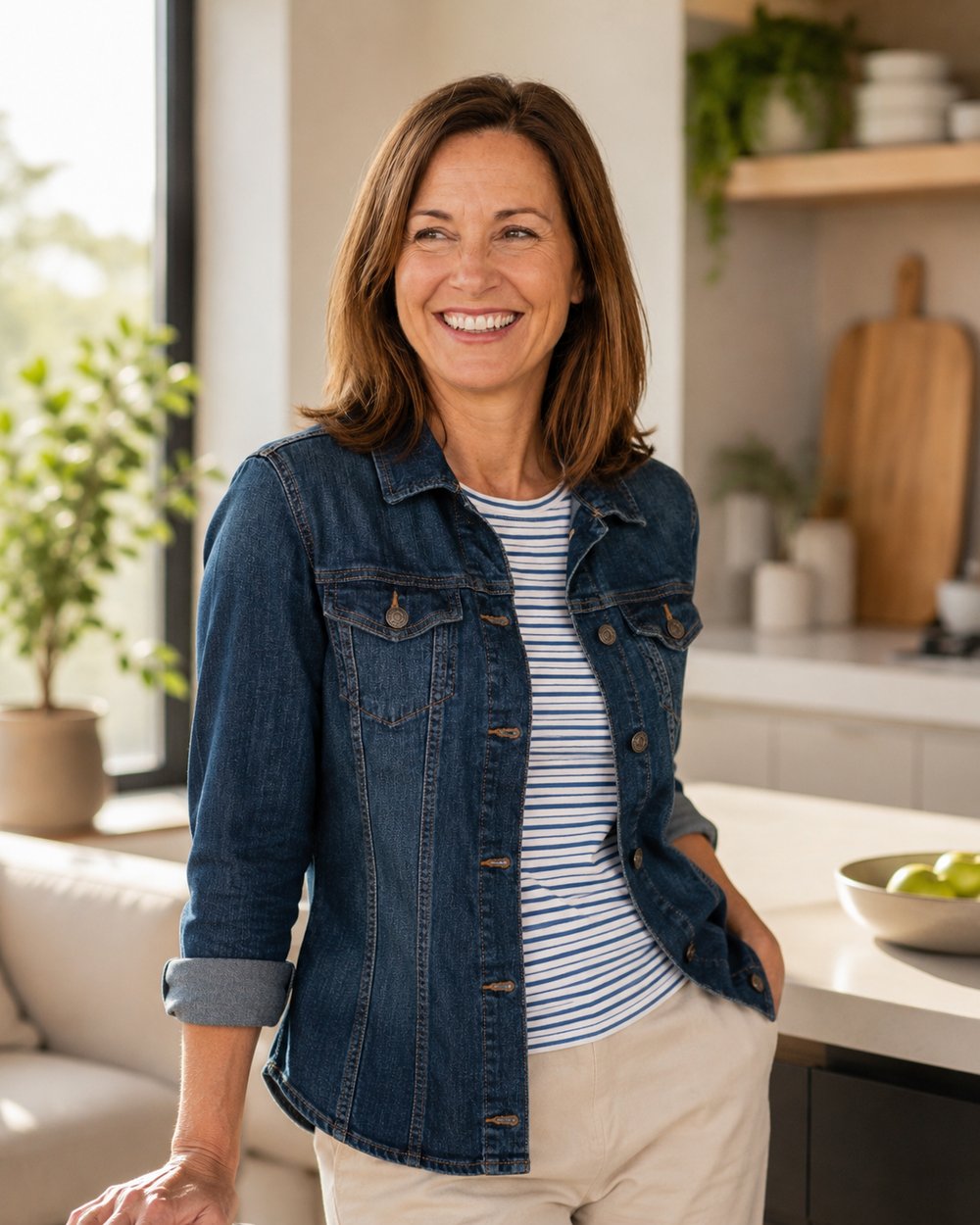 Smiling woman in a denim jacket in a bright kitchen