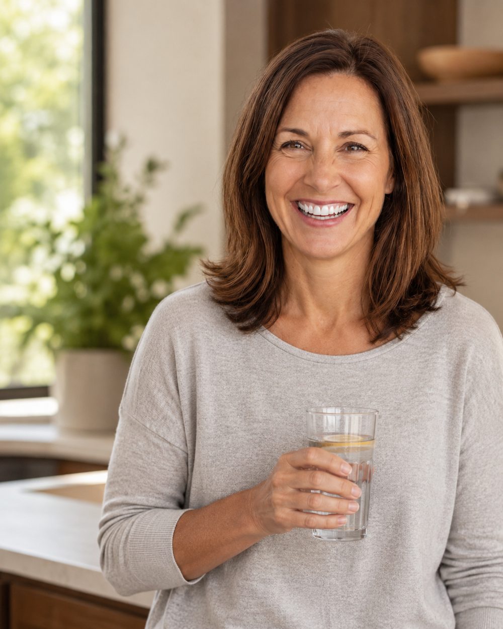 Smiling woman holding a glass of water in a bright kitchen