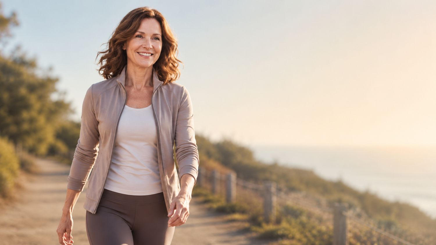 Woman walking along a coastal path at sunrise