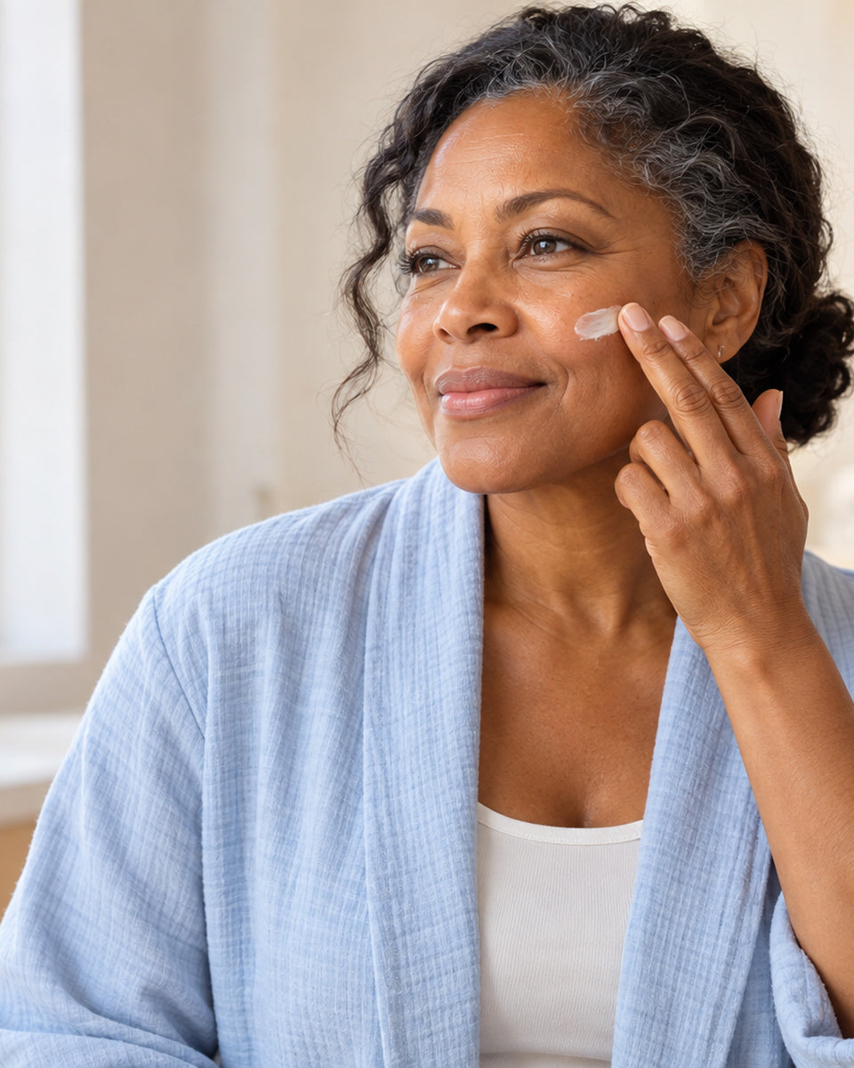 Close-up of a woman smoothing cream onto her cheek