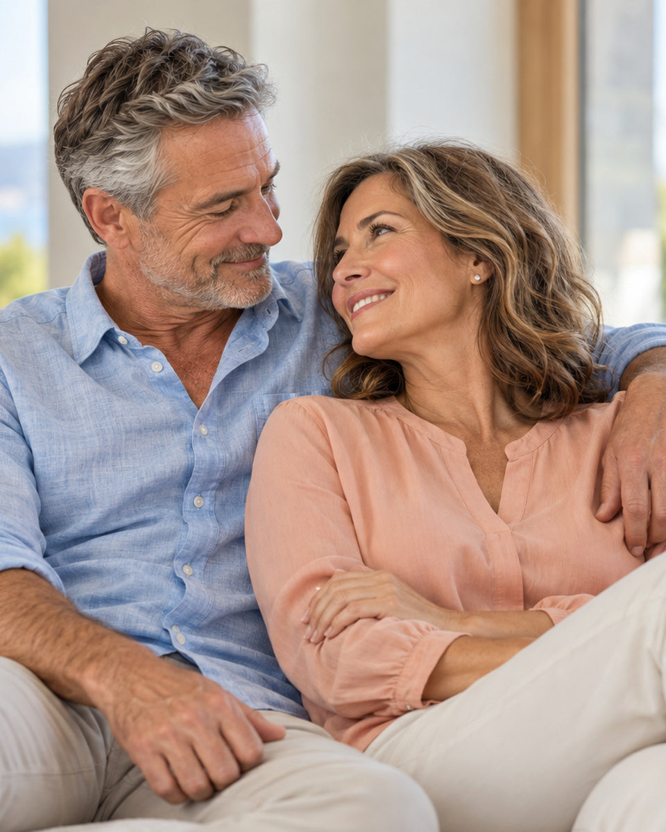 Laughing couple sitting close together on a sofa at home